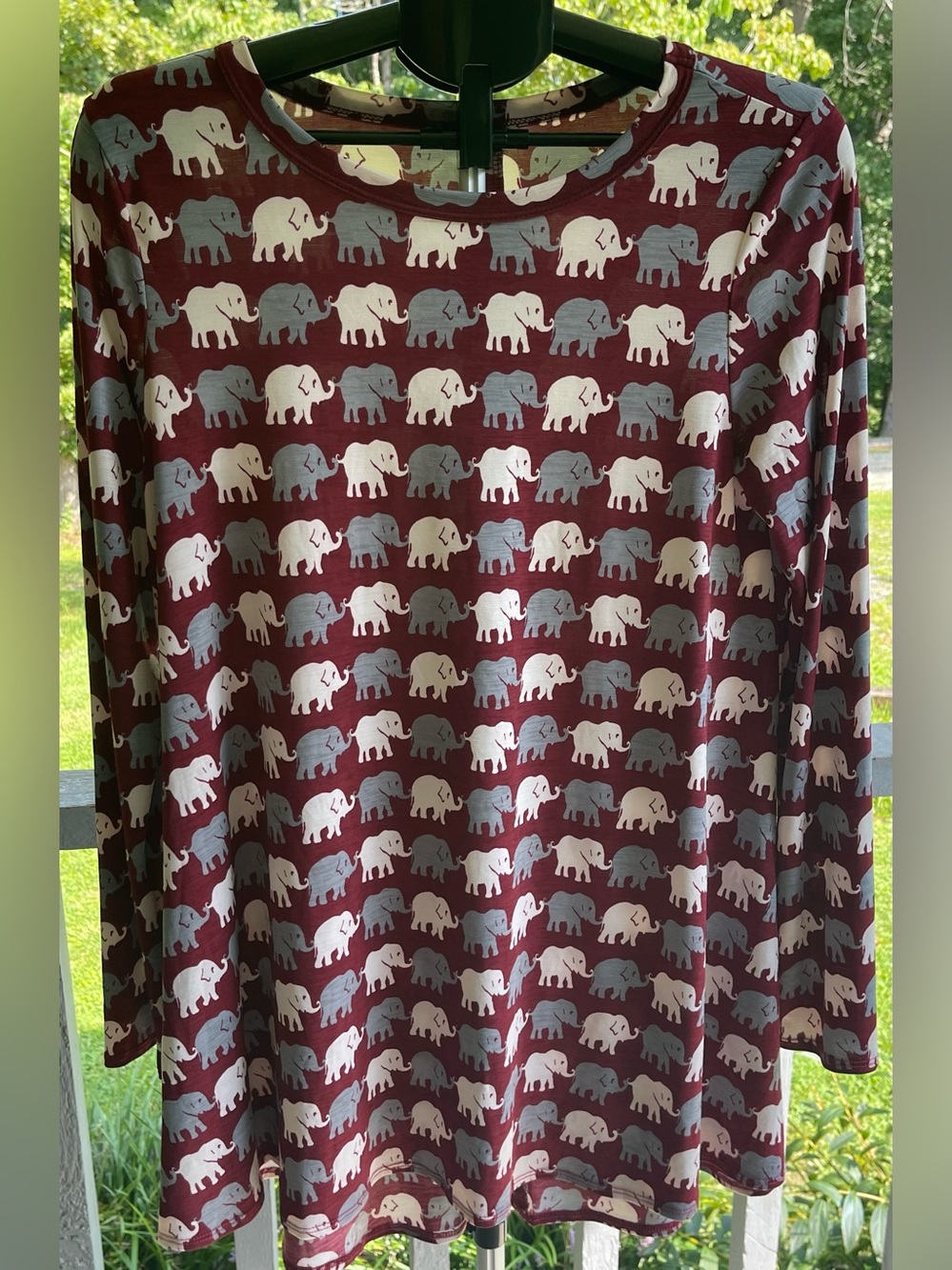 Women's Long-Sleeve Elephant Print Tunic in Burgundy